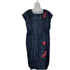 Gorgeous Raw Silk Vintage Dress Size L-XL Navy Blue Rose Appliqué